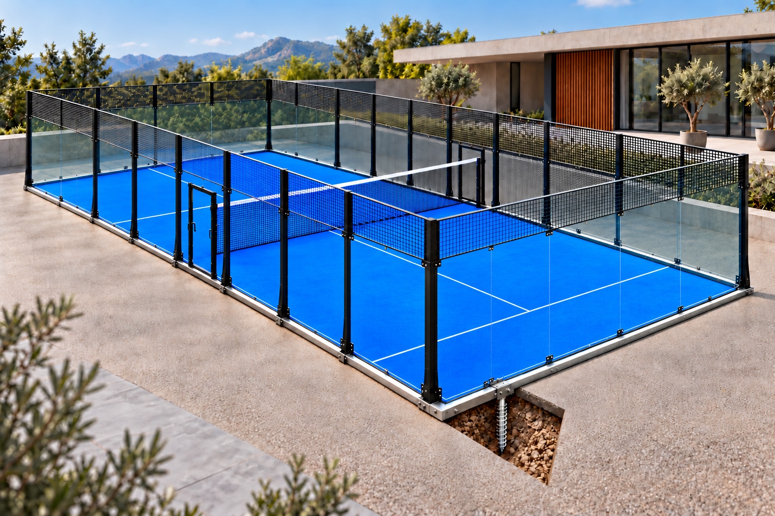 Panorama Padel Court auf einem bündigen mobilen Stahl-Fundamentrahmen mit optionalem Erdanker