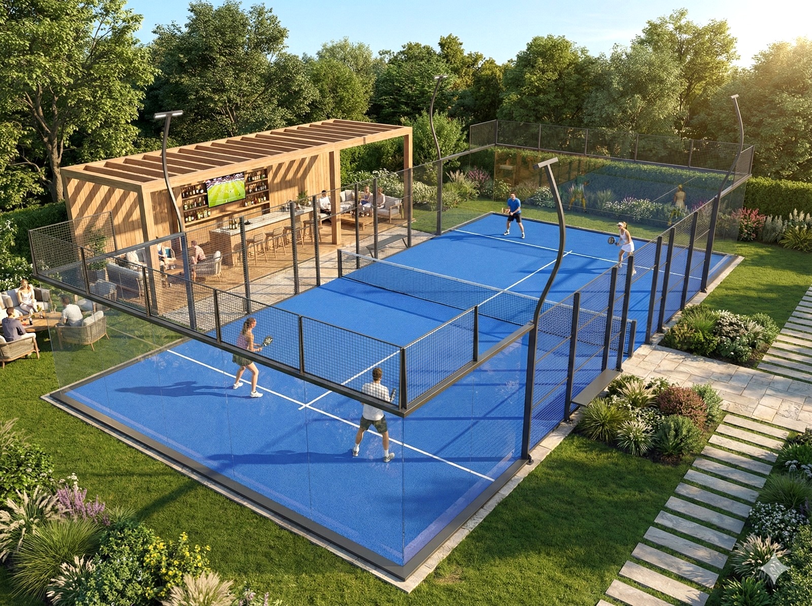 Full Panorama Padelcourt Rendering mit Lounge und Spielern – Premium Atmosphäre