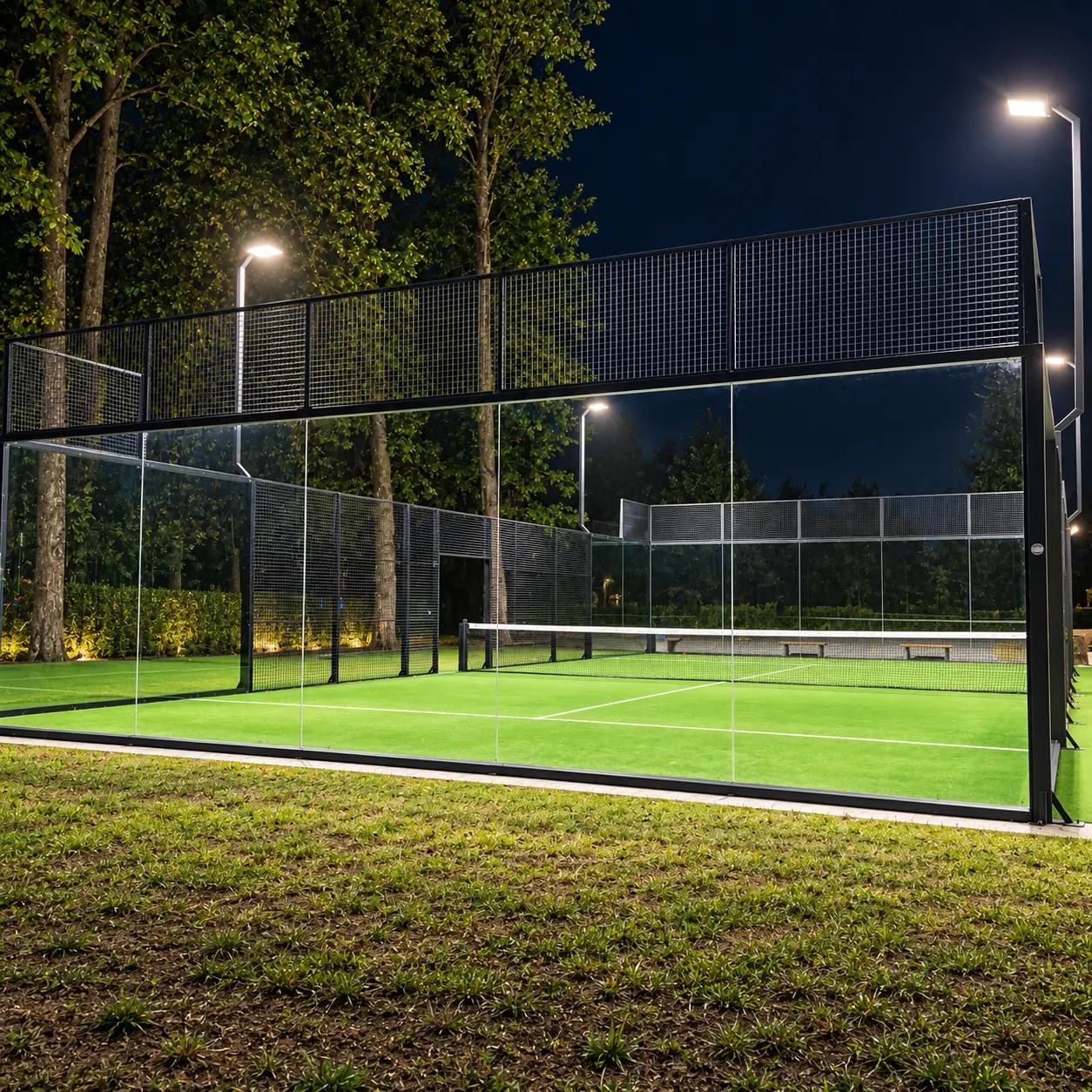 Panorama Padel Court von Pro Court System mit großflächiger Verglasung bei Nacht